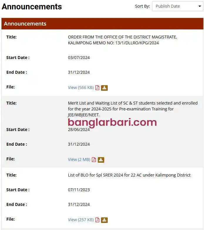 Kalimpong Banglar Bari List Announcements 2026